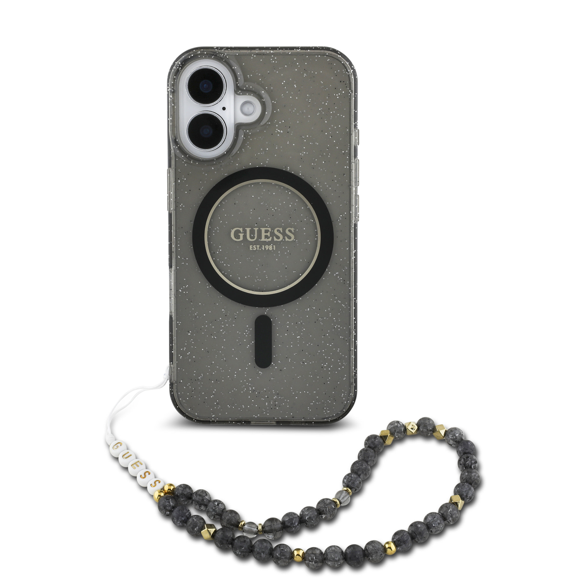 GUESS iPhone 16 Pro Max hoesje Magsafe ML Glitter with pearl strap - Zwart - productfoto