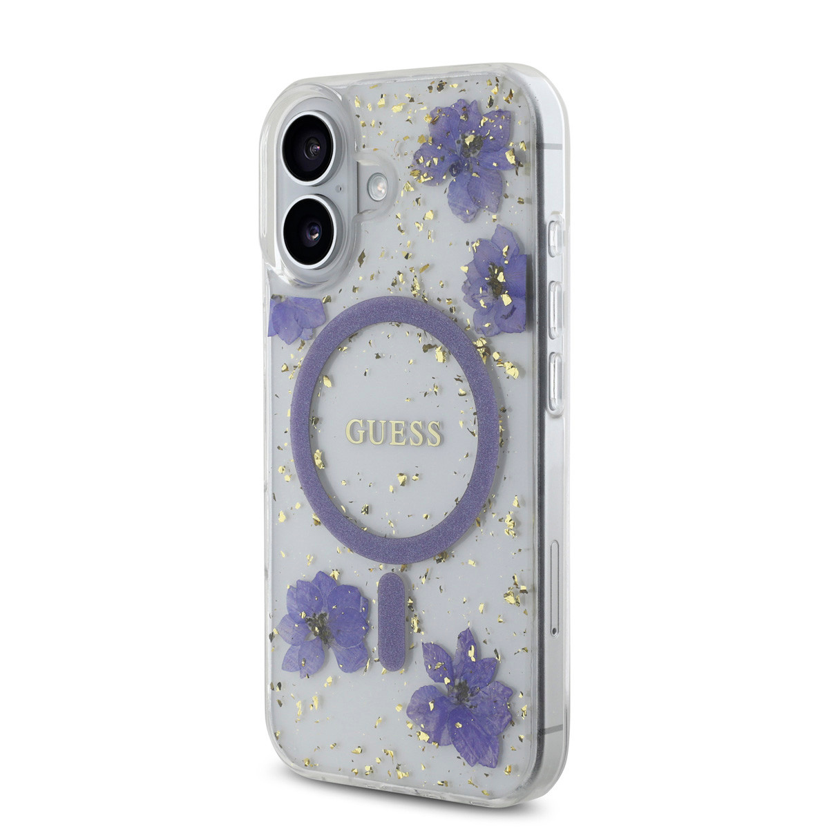 GUESS iPhone 16 hoesje - Magsafe - Resin Flowers Design - Paars - detail 1