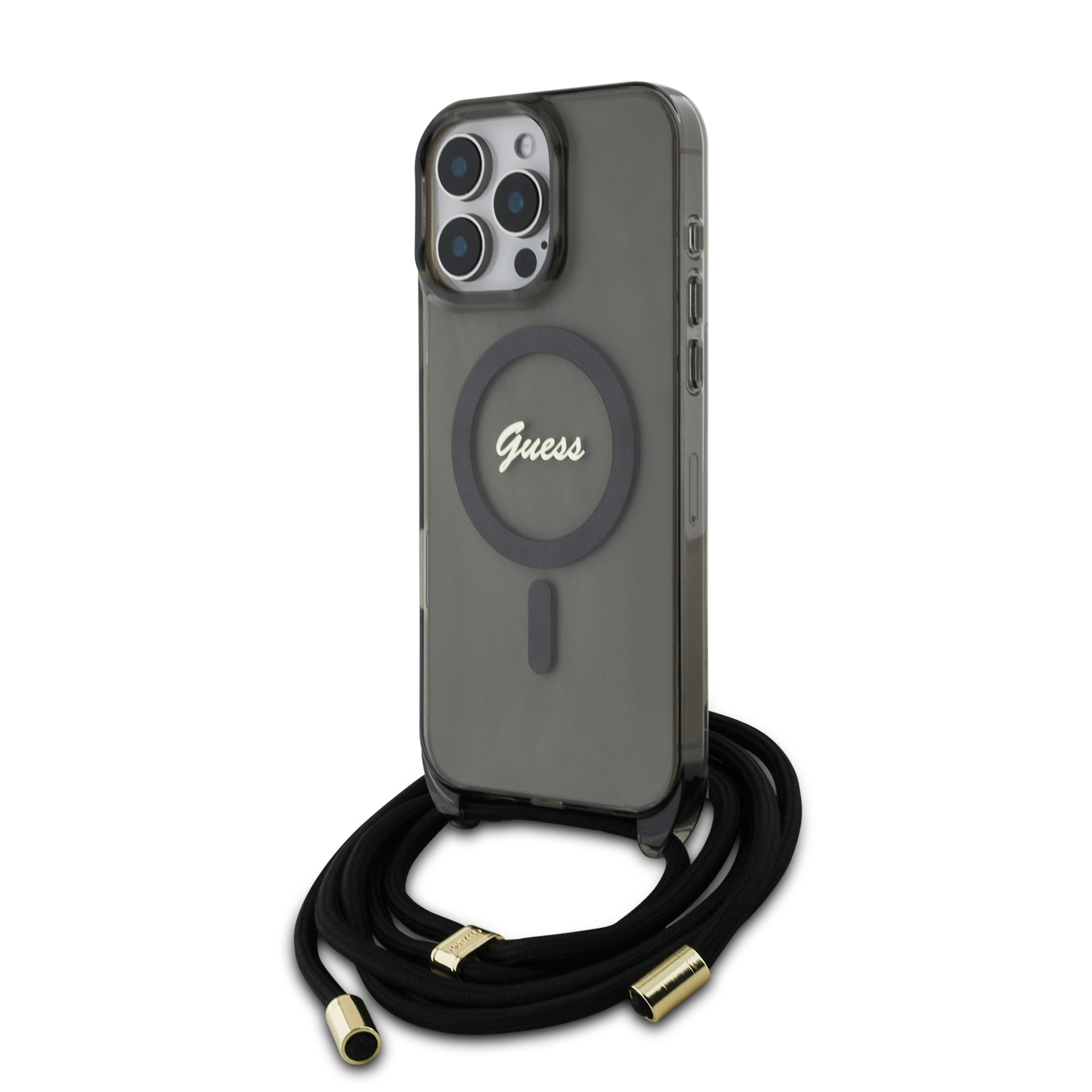GUESS iPhone 16 Pro Max hoesje Magsafe IML crossbody cord script - Zwart - detail 1
