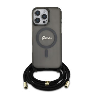 GUESS iPhone 16 Pro Max hoesje Magsafe IML crossbody cord script - Zwart - productfoto