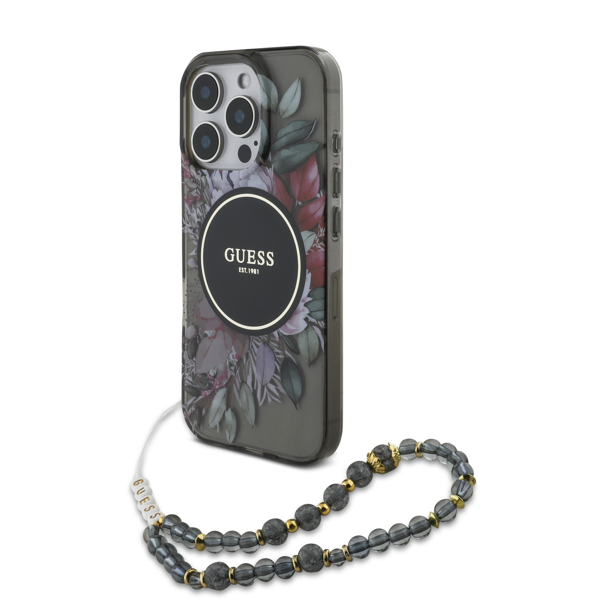 GUESS iPhone 16 Pro Max hoesje Magsafe IML Flowers with pearl strap - Zwart - detail 1