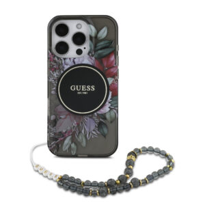 GUESS iPhone 16 Pro Max hoesje Magsafe IML Flowers with pearl strap - Zwart - productfoto
