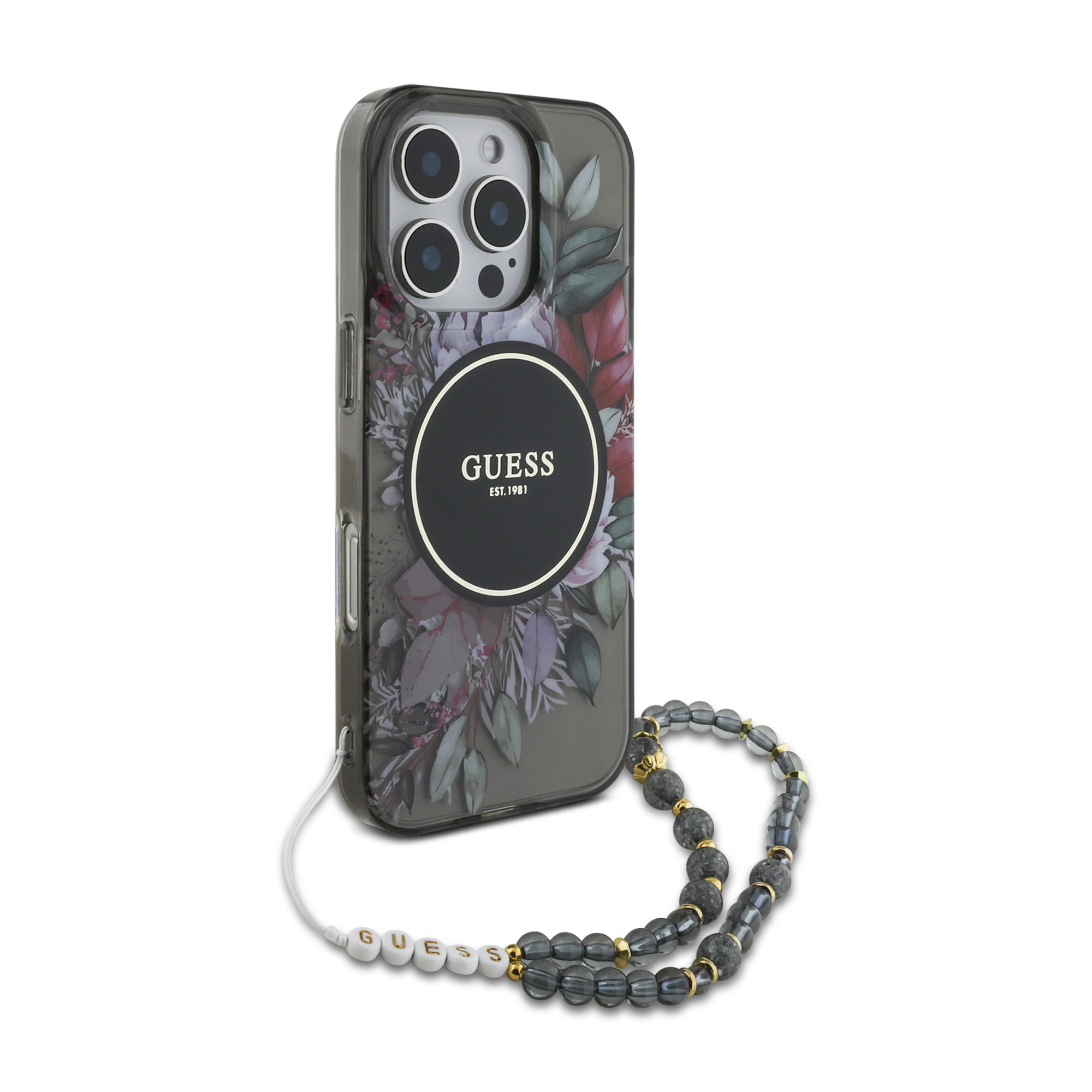 GUESS iPhone 16 Pro Max hoesje Magsafe IML Flowers with pearl strap - Zwart - detail 2