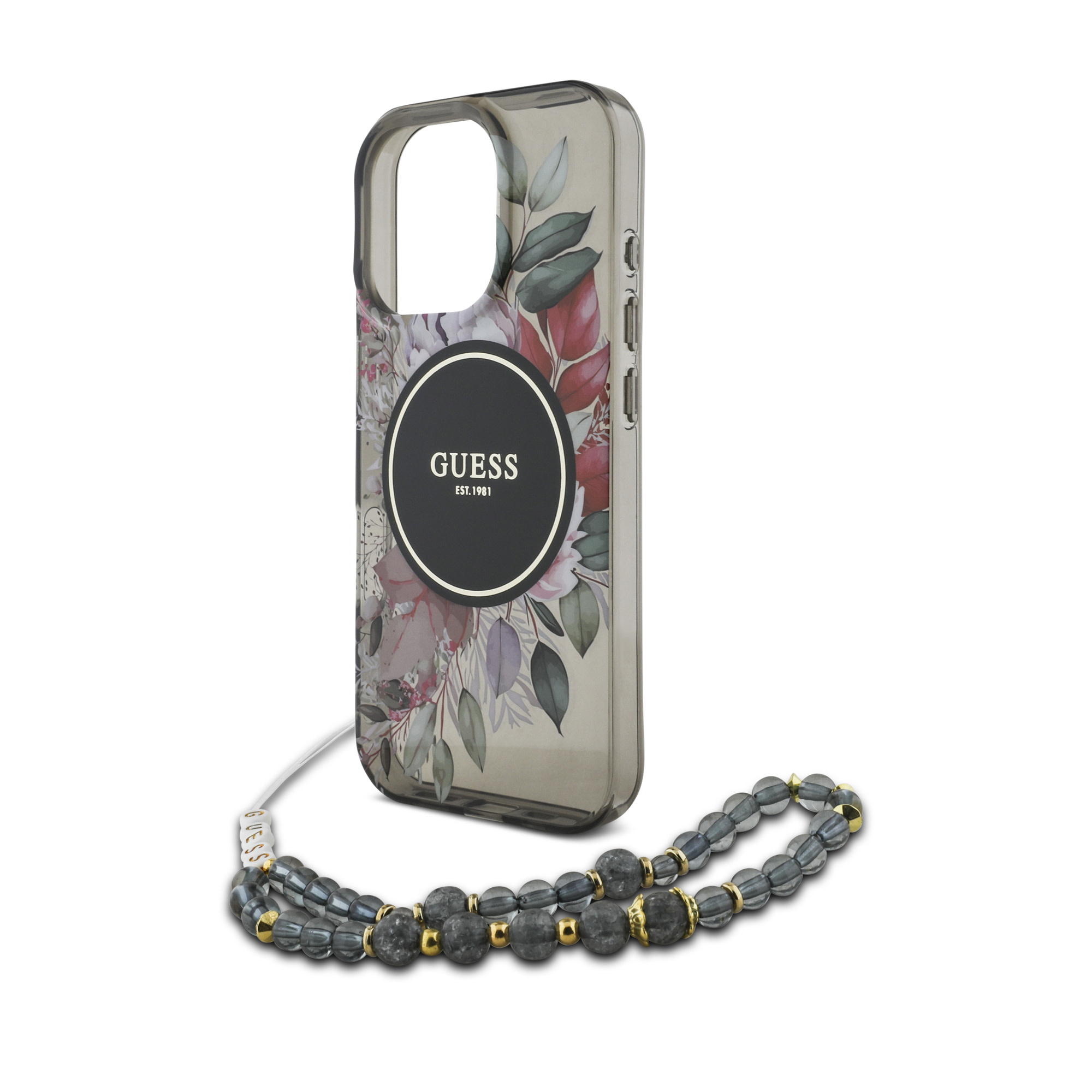 GUESS iPhone 16 Pro Max hoesje Magsafe IML Flowers with pearl strap - Zwart - detail 3