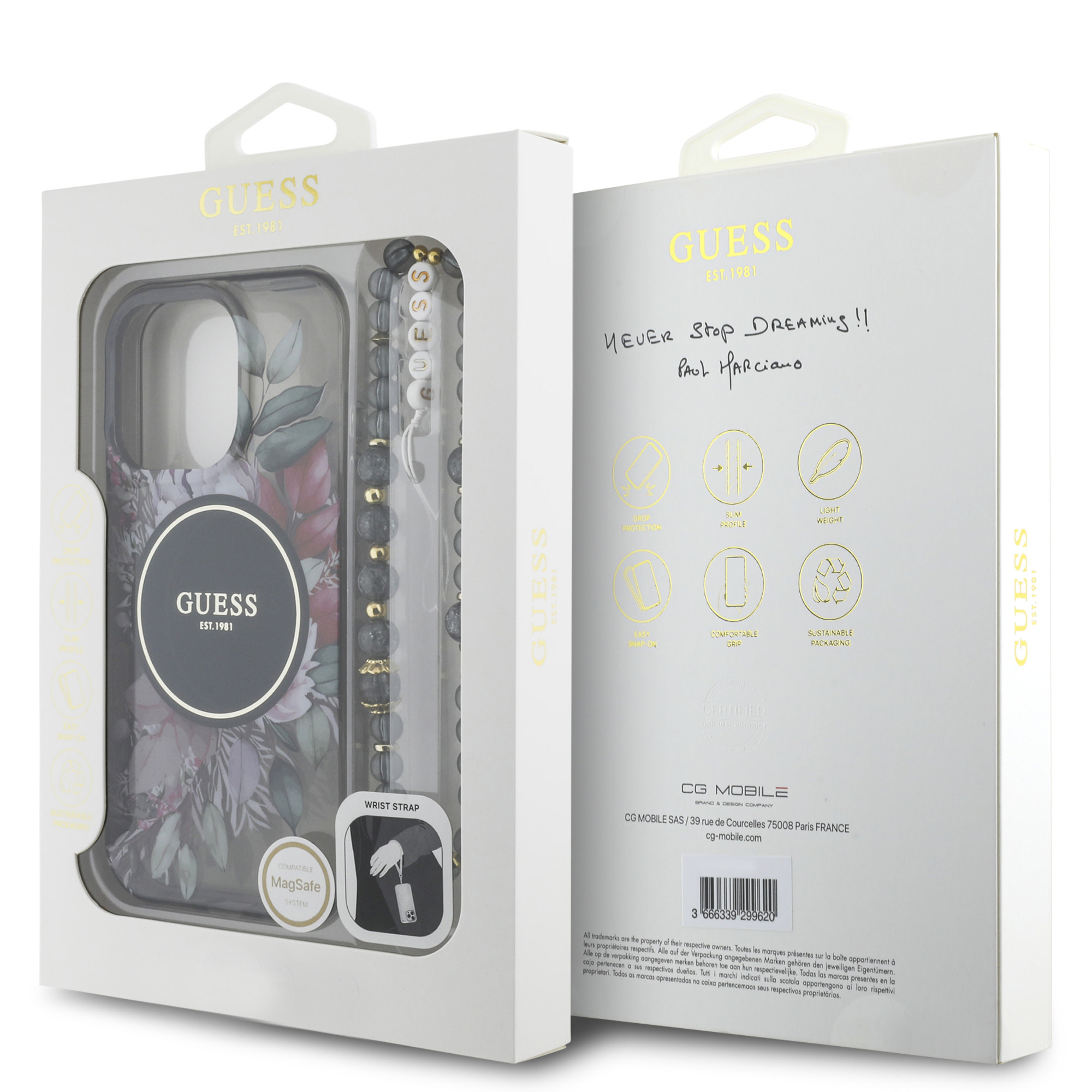 GUESS iPhone 16 Pro Max hoesje Magsafe IML Flowers with pearl strap - Zwart - detail 6