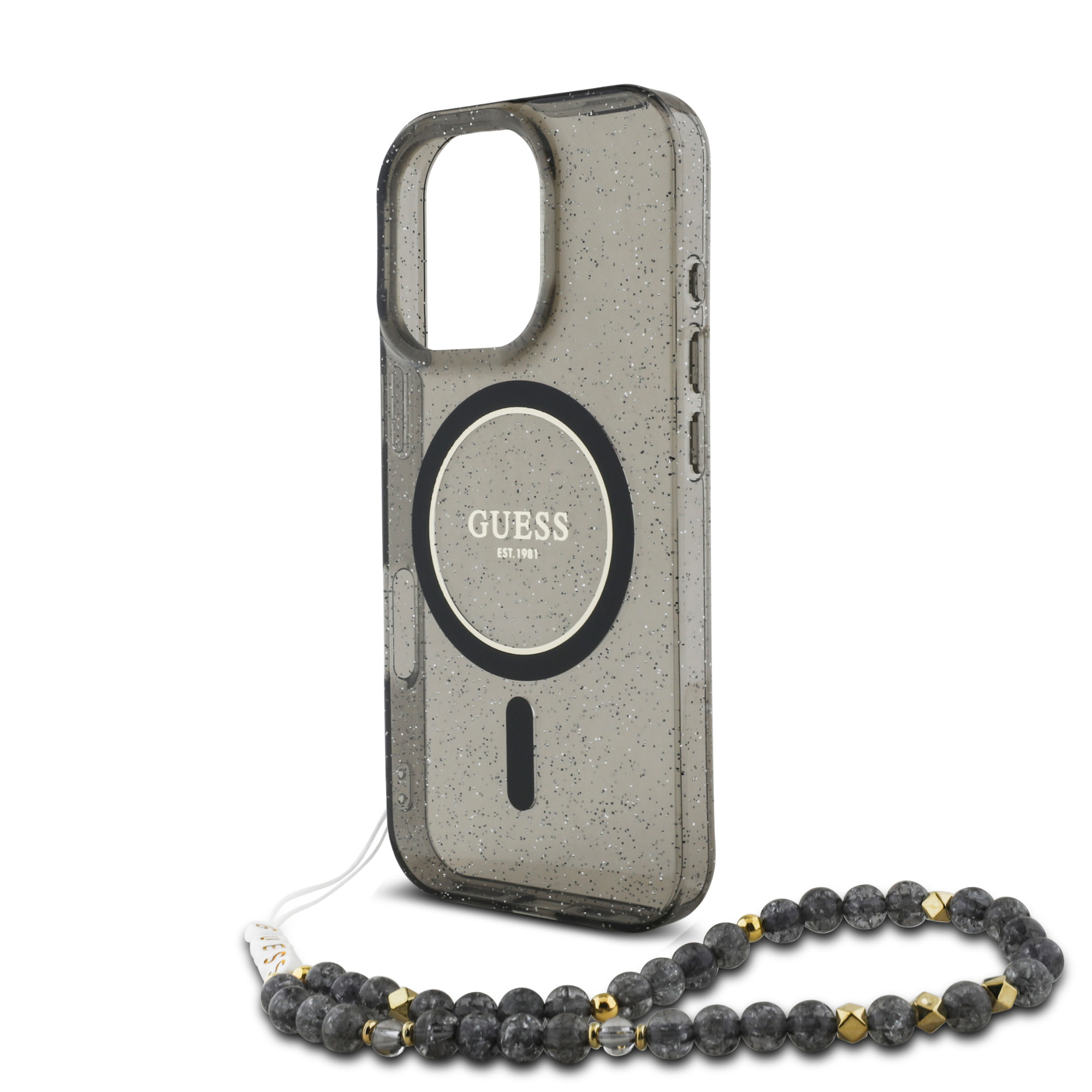 GUESS iPhone 16 Pro Max hoesje Magsafe ML Glitter with pearl strap - Zwart - detail 3
