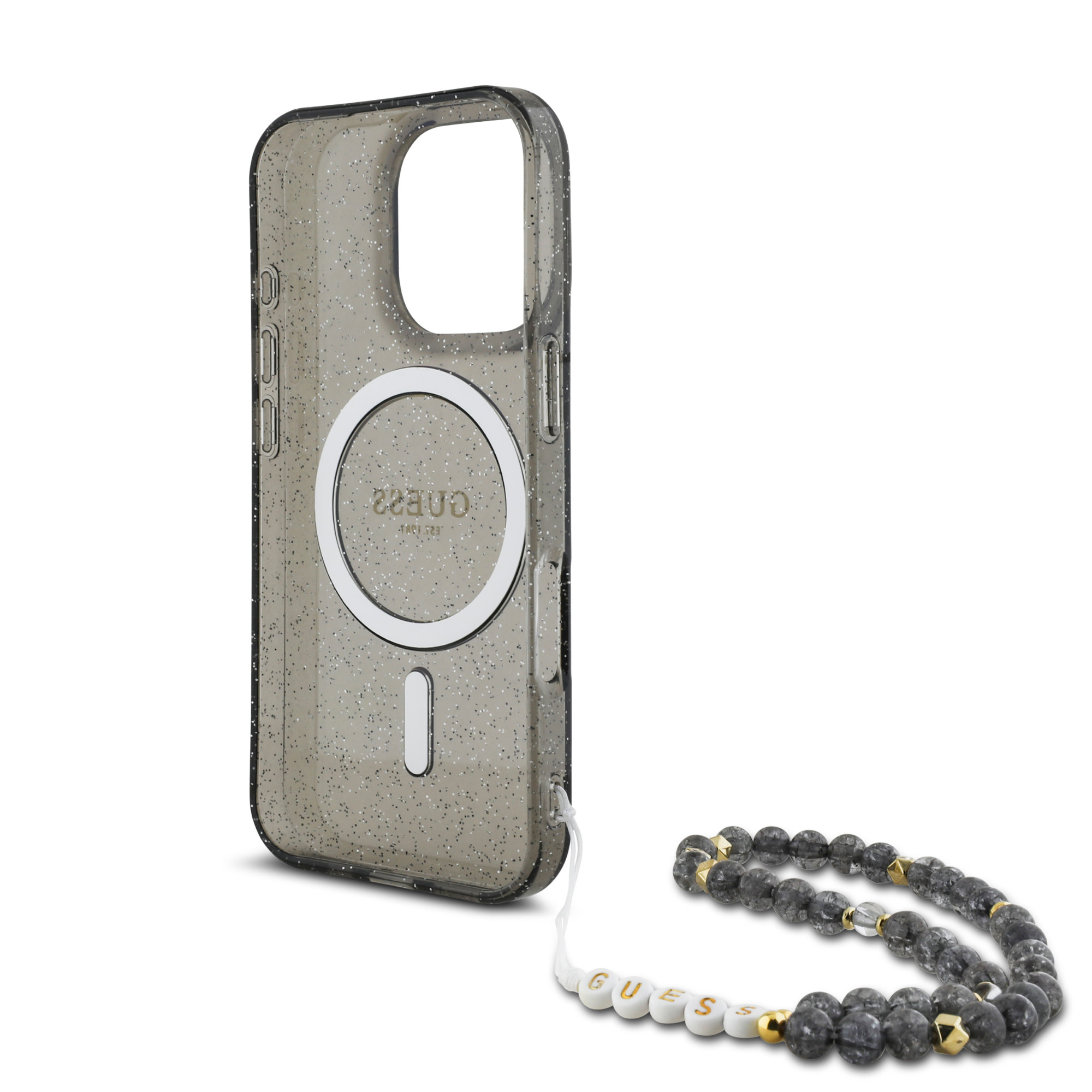 GUESS iPhone 16 Pro Max hoesje Magsafe ML Glitter with pearl strap - Zwart - detail 4