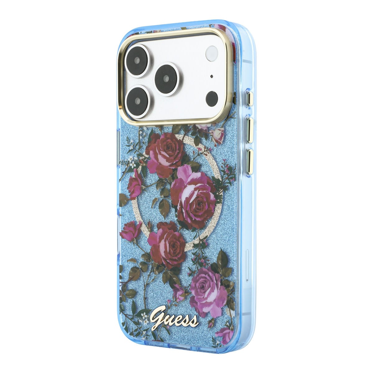 GUESS iPhone 18 Pro Case hard shell - MagSafe - IML - glitter - Blossom Roses Lichtblauw - detail 2