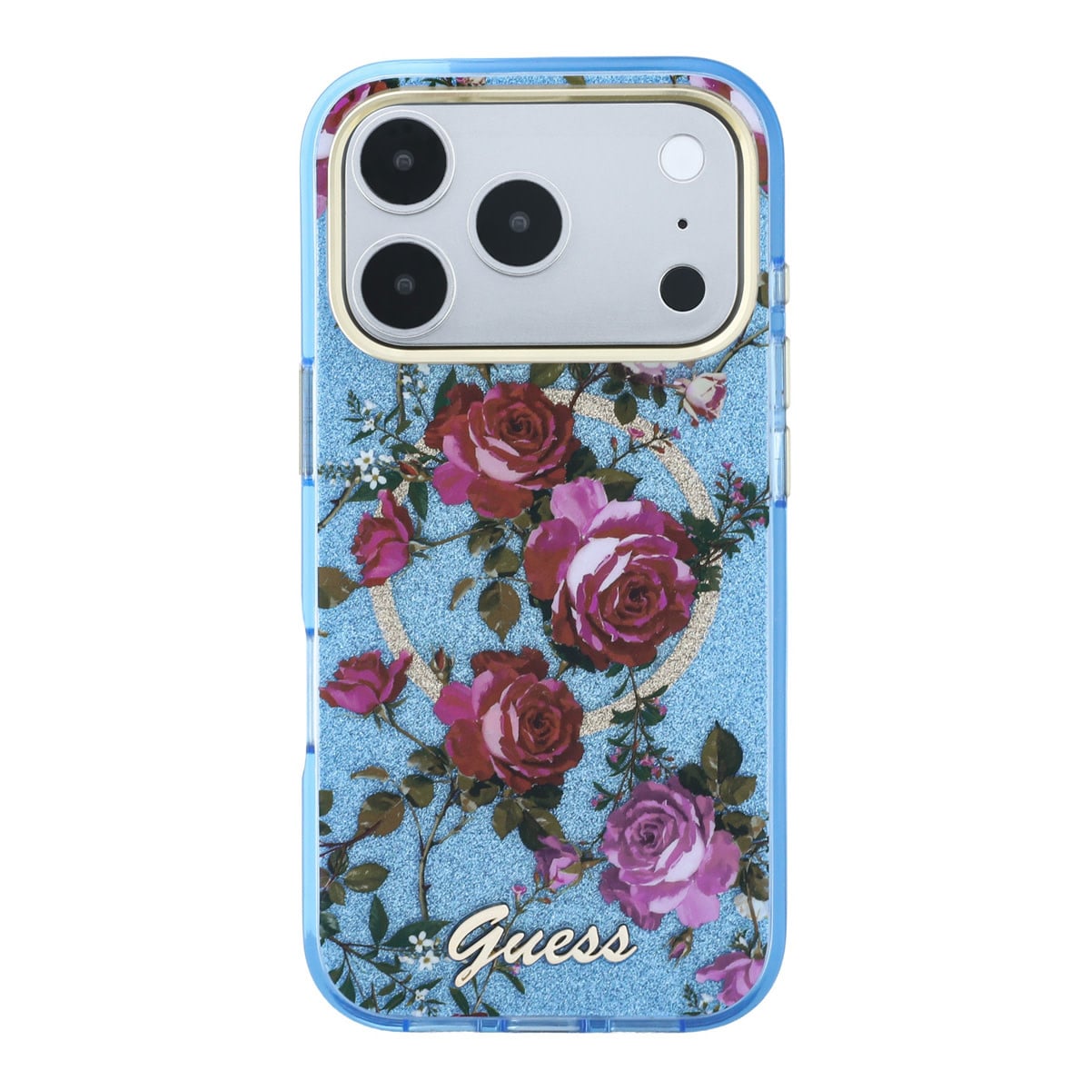 GUESS iPhone 18 Pro Case hard shell - MagSafe - IML - glitter - Blossom Roses Lichtblauw - detail 3