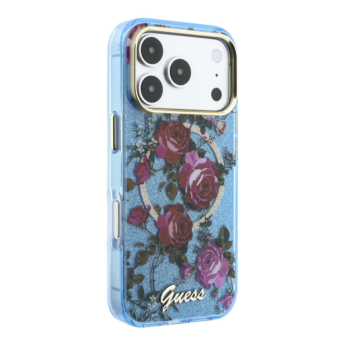 GUESS iPhone 18 Pro Case hard shell - MagSafe - IML - glitter - Blossom Roses Lichtblauw - detail 1