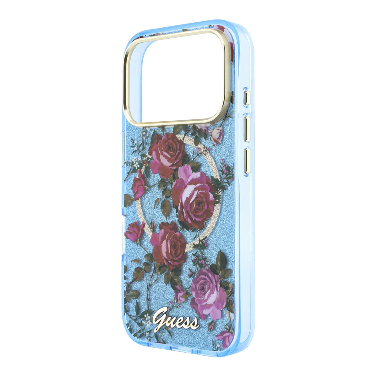 GUESS iPhone 18 Pro Case hard shell - MagSafe - IML - glitter - Blossom Roses Lichtblauw - detail 7