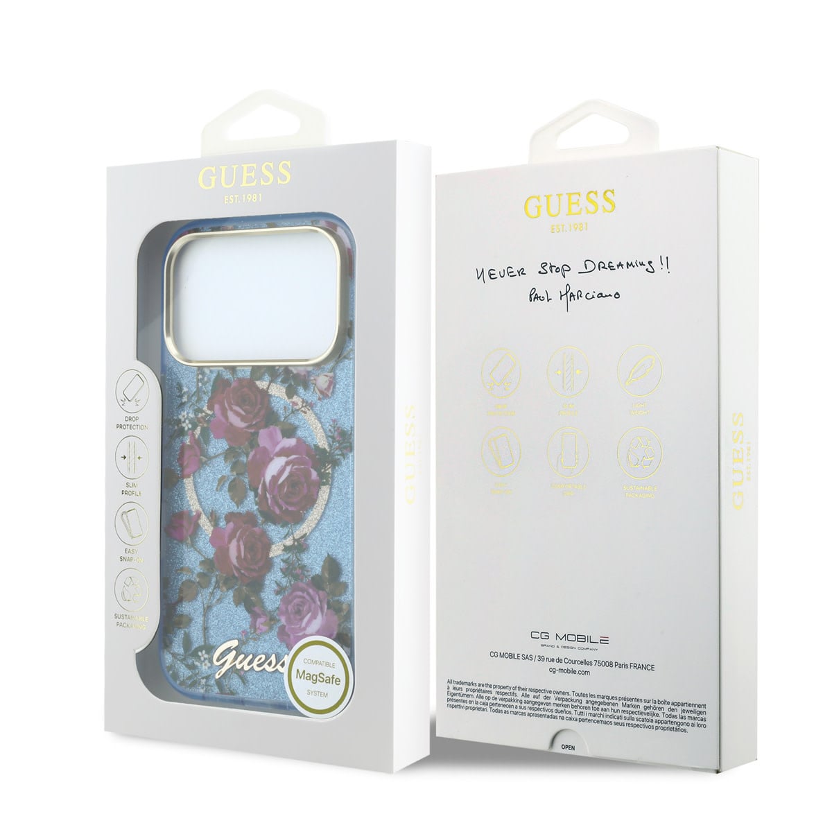 GUESS iPhone 18 Pro Case hard shell - MagSafe - IML - glitter - Blossom Roses Lichtblauw - detail 4