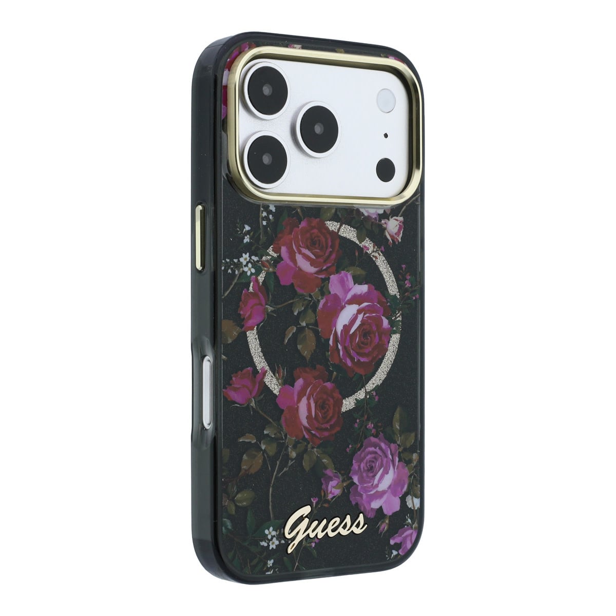GUESS iPhone 18 Pro Case hard shell - MagSafe - IML - glitter - Blossom Roses Zwart - detail 3