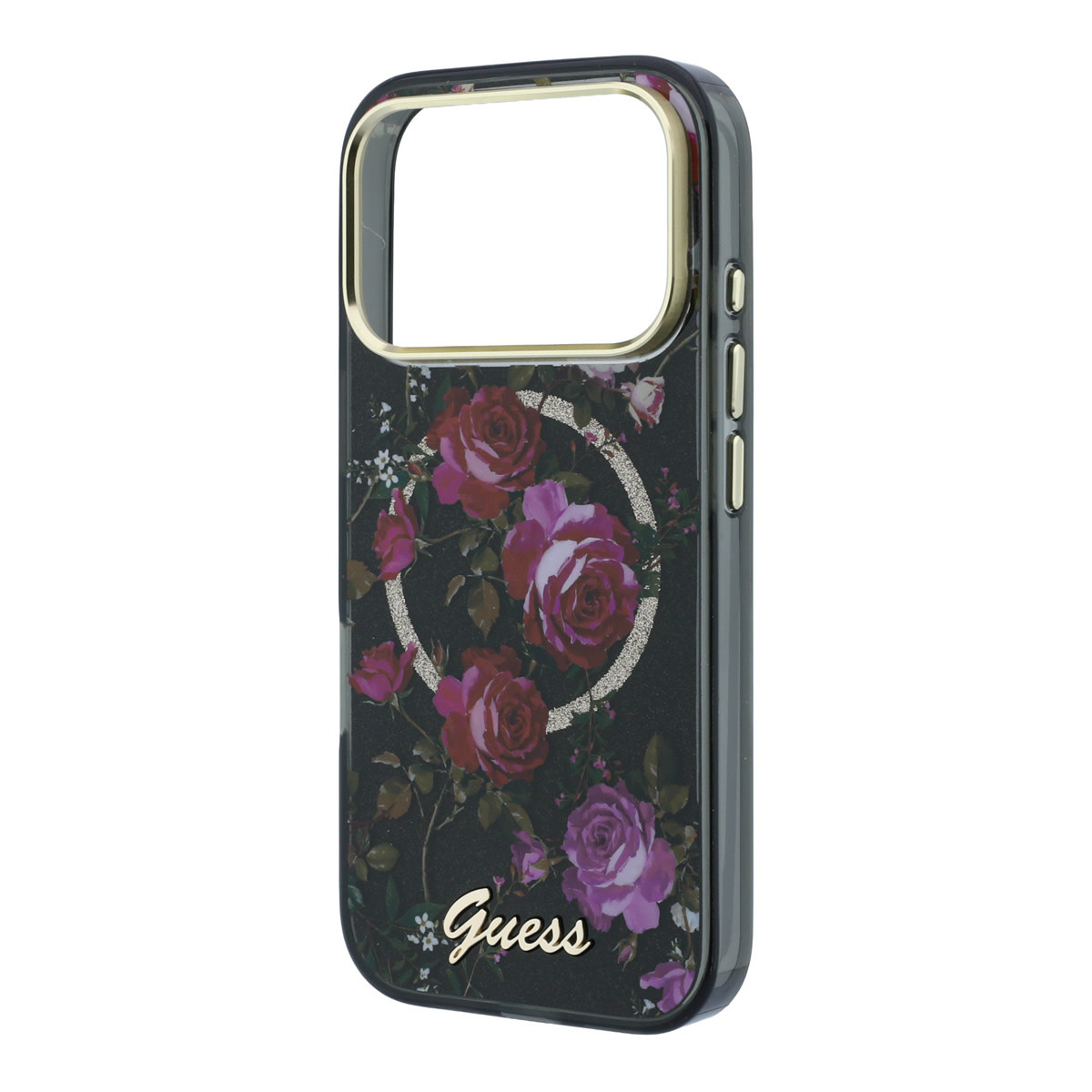 GUESS iPhone 18 Pro Case hard shell - MagSafe - IML - glitter - Blossom Roses Zwart - detail 5