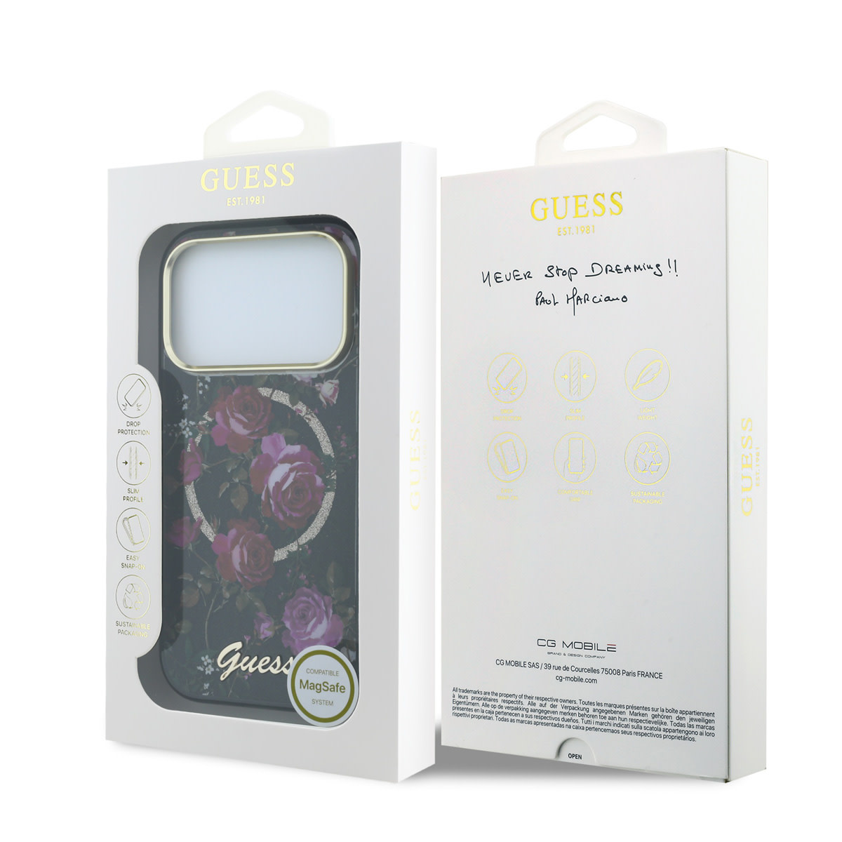 GUESS iPhone 18 Pro Case hard shell - MagSafe - IML - glitter - Blossom Roses Zwart - detail 6