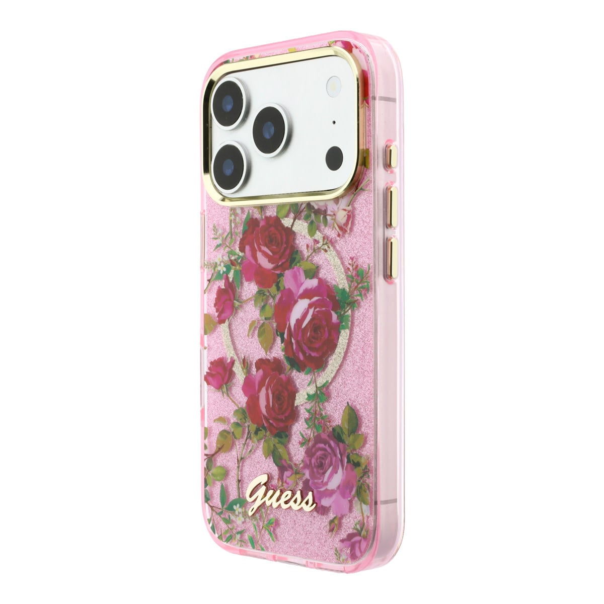 GUESS iPhone 18 Pro Case hard shell - MagSafe - IML - glitter - Blossom Roses Roze - detail 2