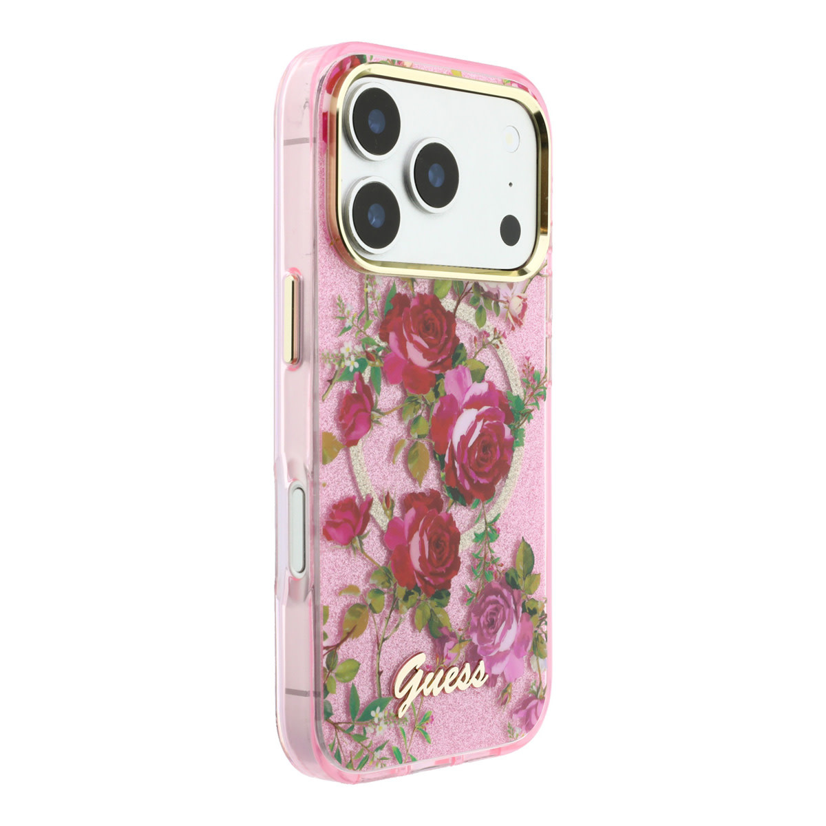 GUESS iPhone 18 Pro Case hard shell - MagSafe - IML - glitter - Blossom Roses Roze - detail 1