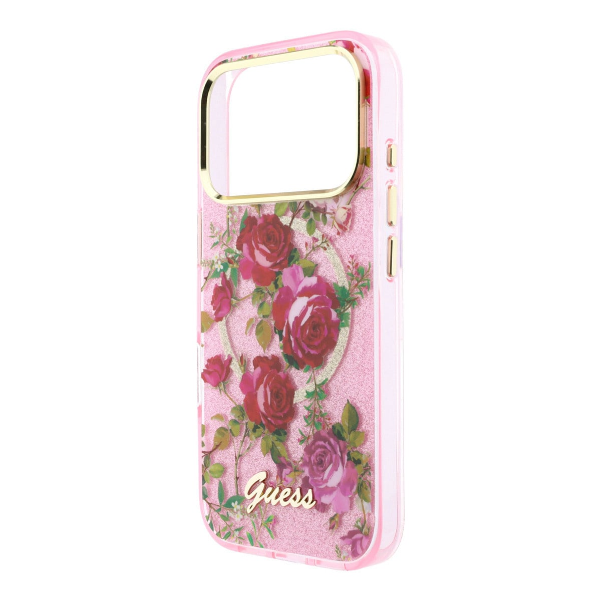 GUESS iPhone 18 Pro Case hard shell - MagSafe - IML - glitter - Blossom Roses Roze - detail 6
