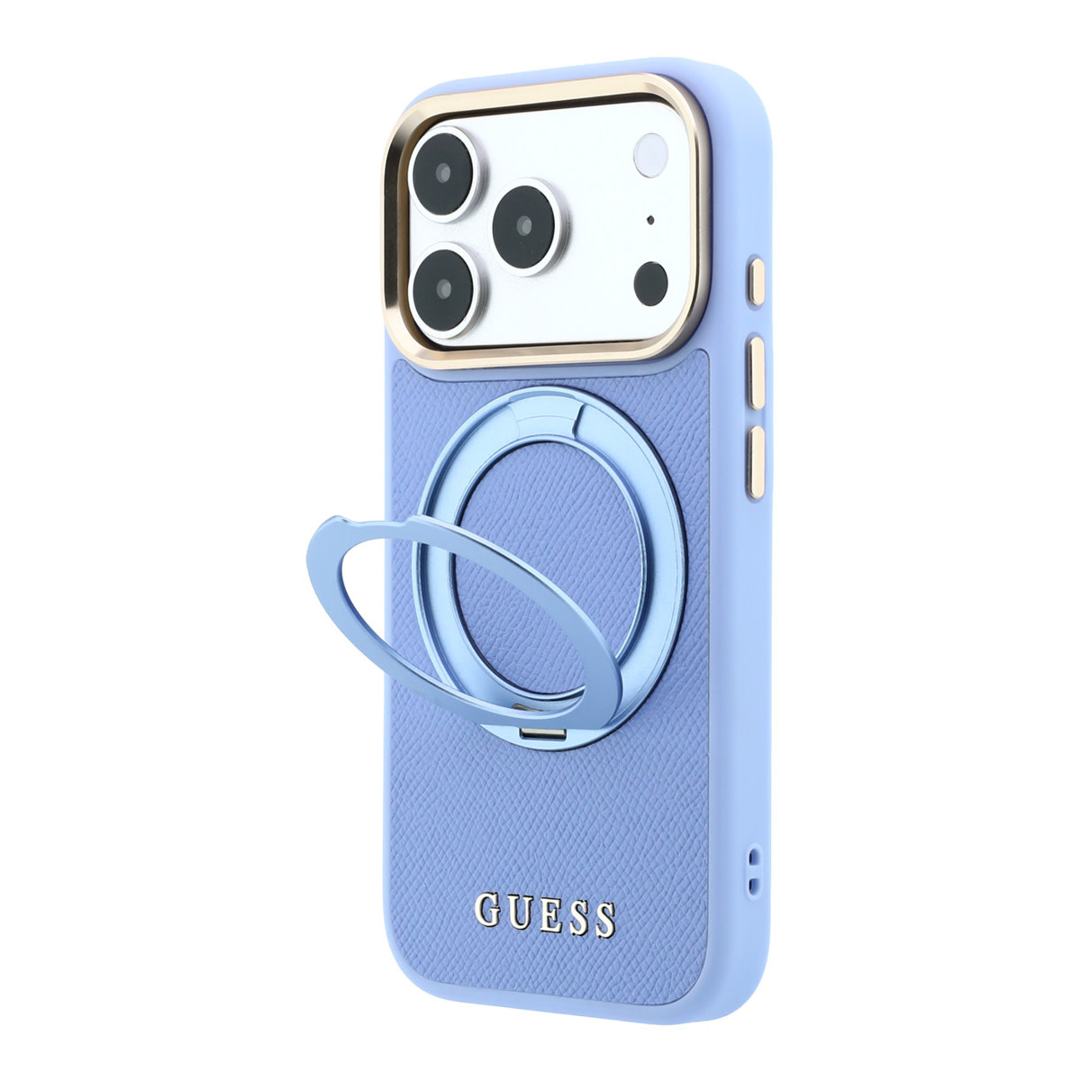 GUESS iPhone 18 Pro Case hard shell - MagSafe - 360-degree ring stand - grained PU - classic logo Lichtblauw - detail 1