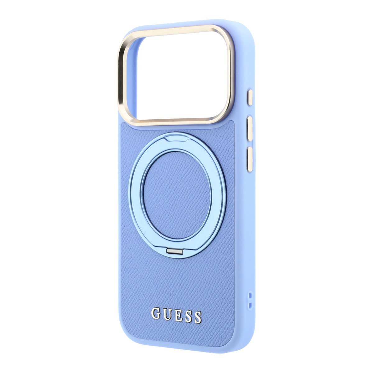 GUESS iPhone 18 Pro Case hard shell - MagSafe - 360-degree ring stand - grained PU - classic logo Lichtblauw - detail 2