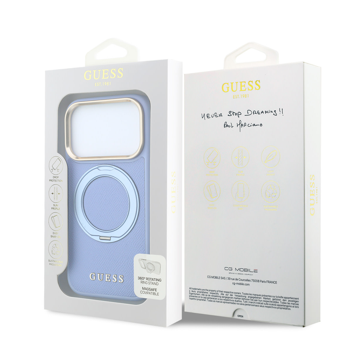 GUESS iPhone 18 Pro Case hard shell - MagSafe - 360-degree ring stand - grained PU - classic logo Lichtblauw - detail 5