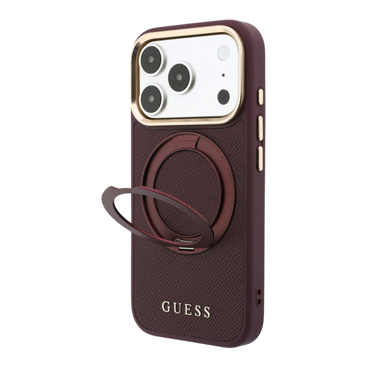 GUESS iPhone 18 Pro Case hard shell - MagSafe - 360-degree ring stand - grained PU - classic logo Bordeauxrood - detail 2