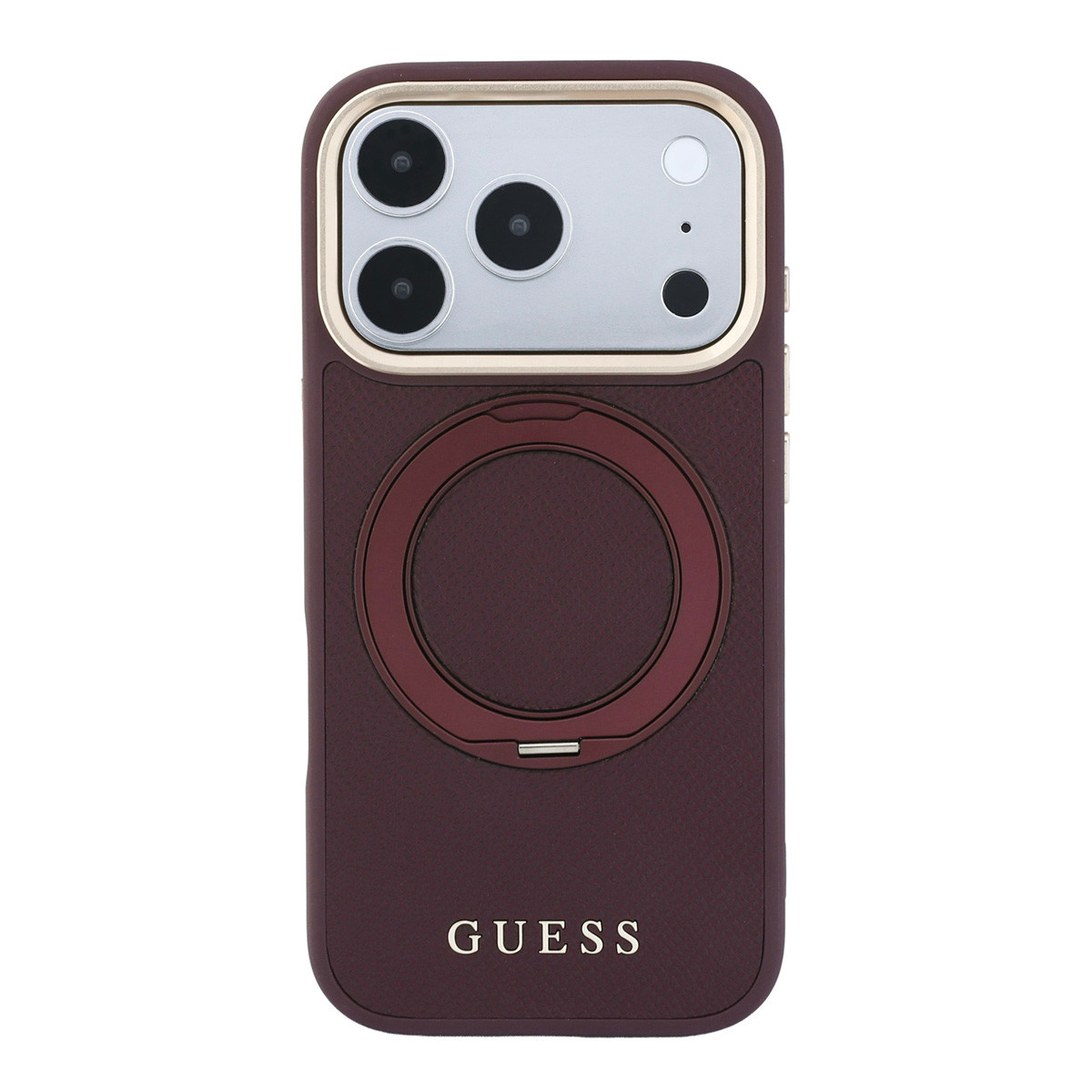 GUESS iPhone 18 Pro Case hard shell - MagSafe - 360-degree ring stand - grained PU - classic logo Bordeauxrood - detail 1