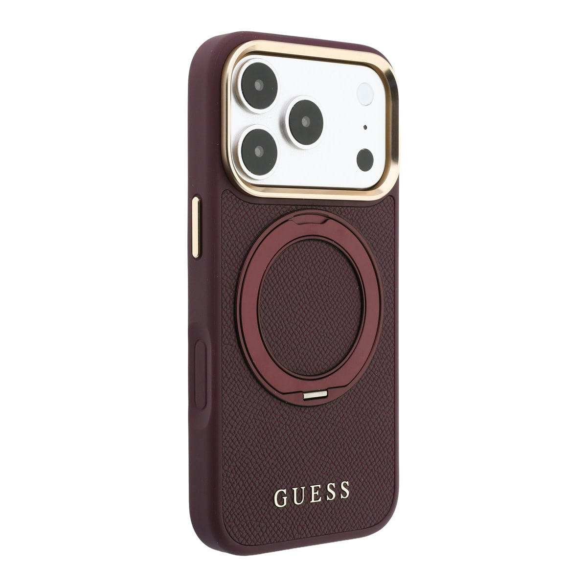 GUESS iPhone 18 Pro Case hard shell - MagSafe - 360-degree ring stand - grained PU - classic logo Bordeauxrood - detail 3