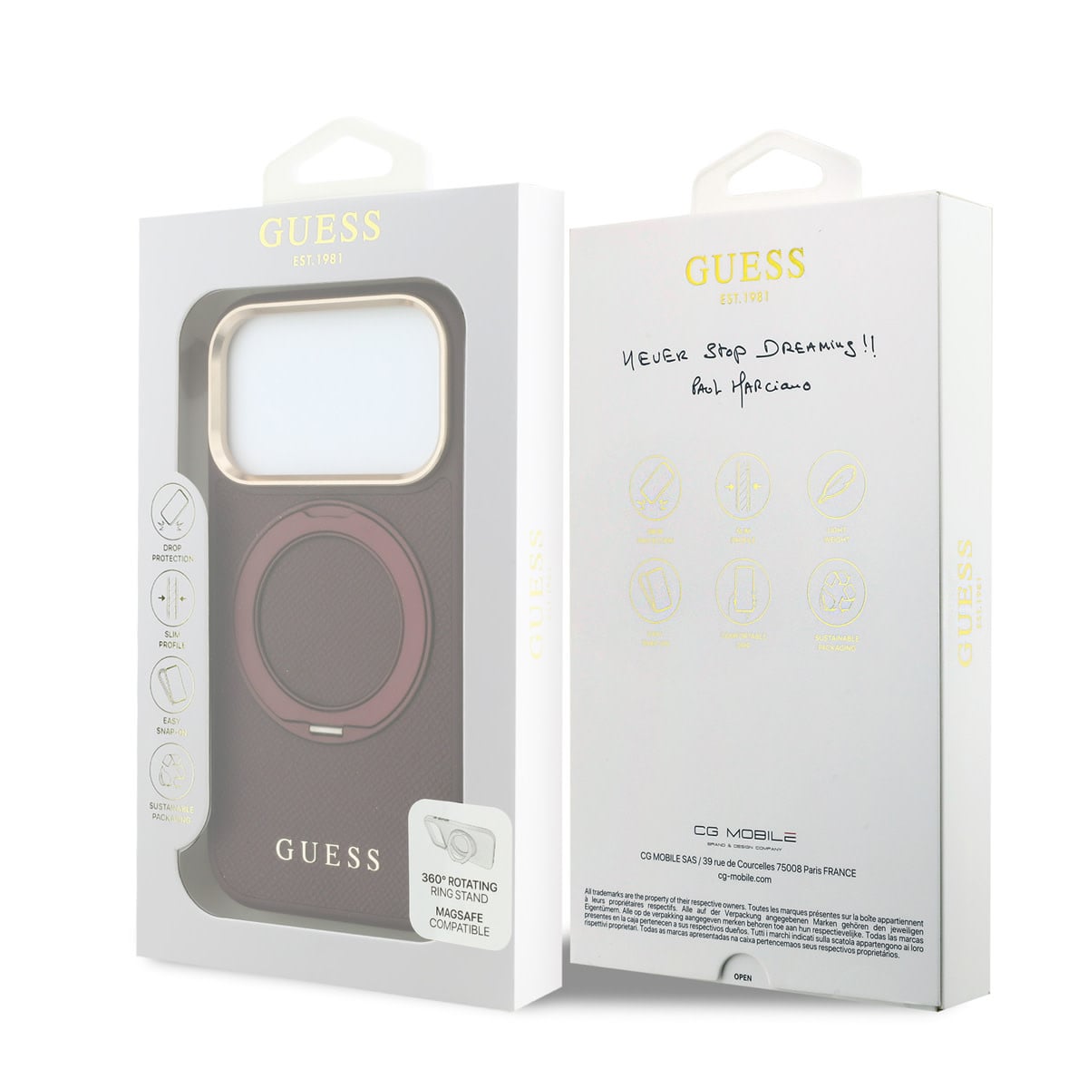 GUESS iPhone 18 Pro Case hard shell - MagSafe - 360-degree ring stand - grained PU - classic logo Bordeauxrood - detail 7
