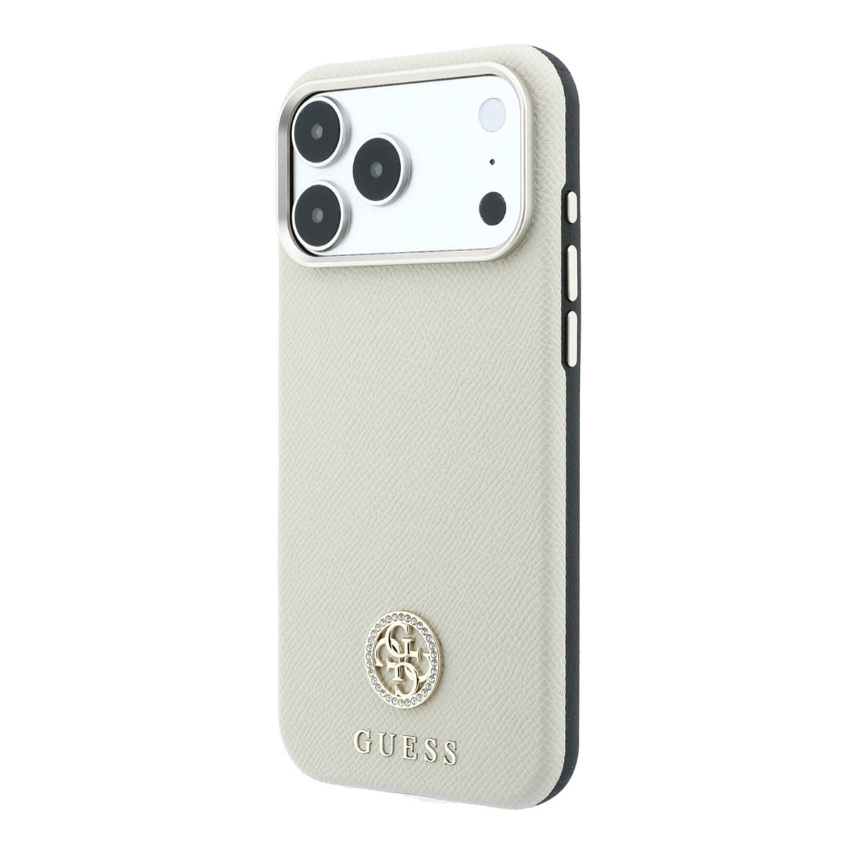 GUESS iPhone 18 Pro Case hard shell - MagSafe - SW - grained PU - round rhinestone logo Beige - detail 1