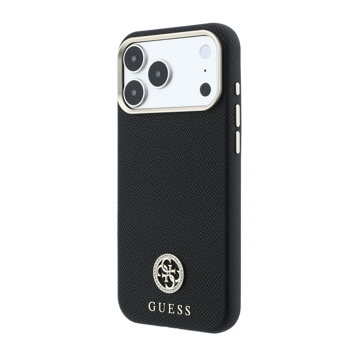 GUESS iPhone 18 Pro Case hard shell - MagSafe - SW - grained PU - round rhinestone logo Zwart - detail 2