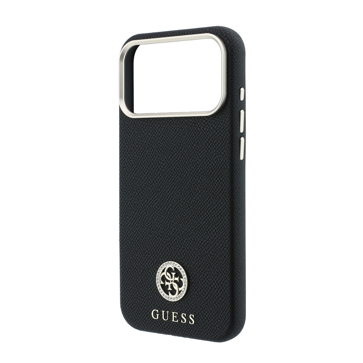 GUESS iPhone 18 Pro Case hard shell - MagSafe - SW - grained PU - round rhinestone logo Zwart - detail 4