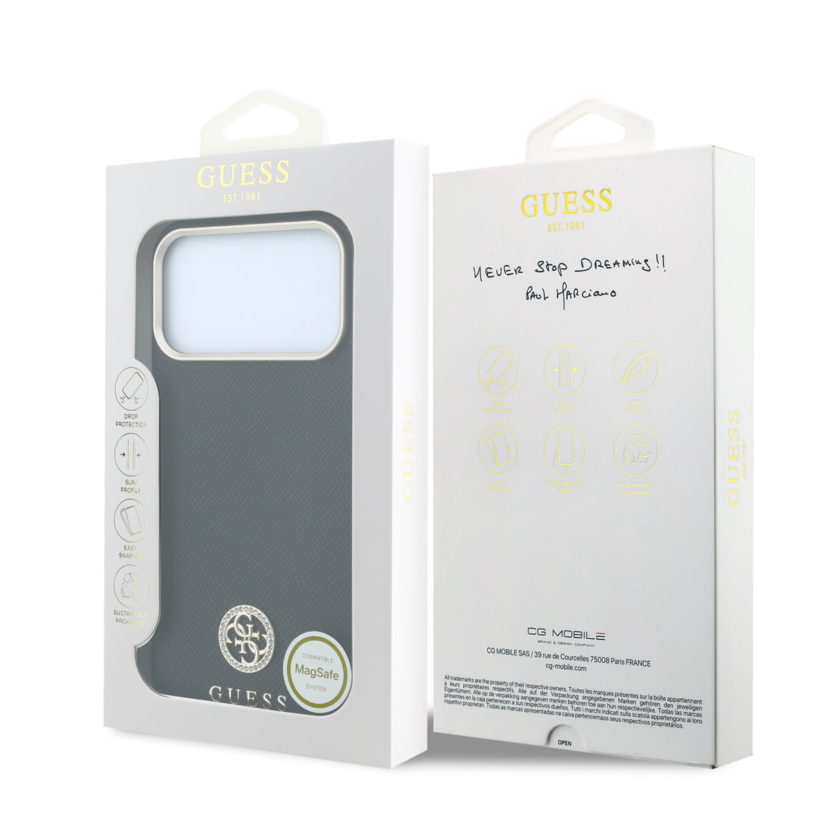 GUESS iPhone 18 Pro Case hard shell - MagSafe - SW - grained PU - round rhinestone logo Zwart - detail 7