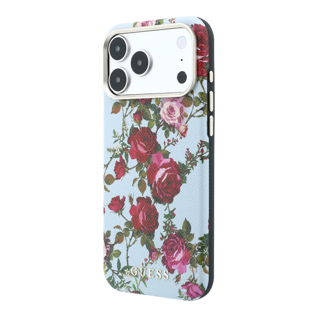 GUESS iPhone 18 Pro Case hard shell - MagSafe - SW - PU - Blossom Roses print Lichtblauw - detail 1