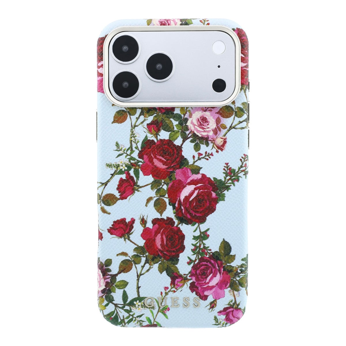 GUESS iPhone 18 Pro Case hard shell - MagSafe - SW - PU - Blossom Roses print Lichtblauw - detail 3
