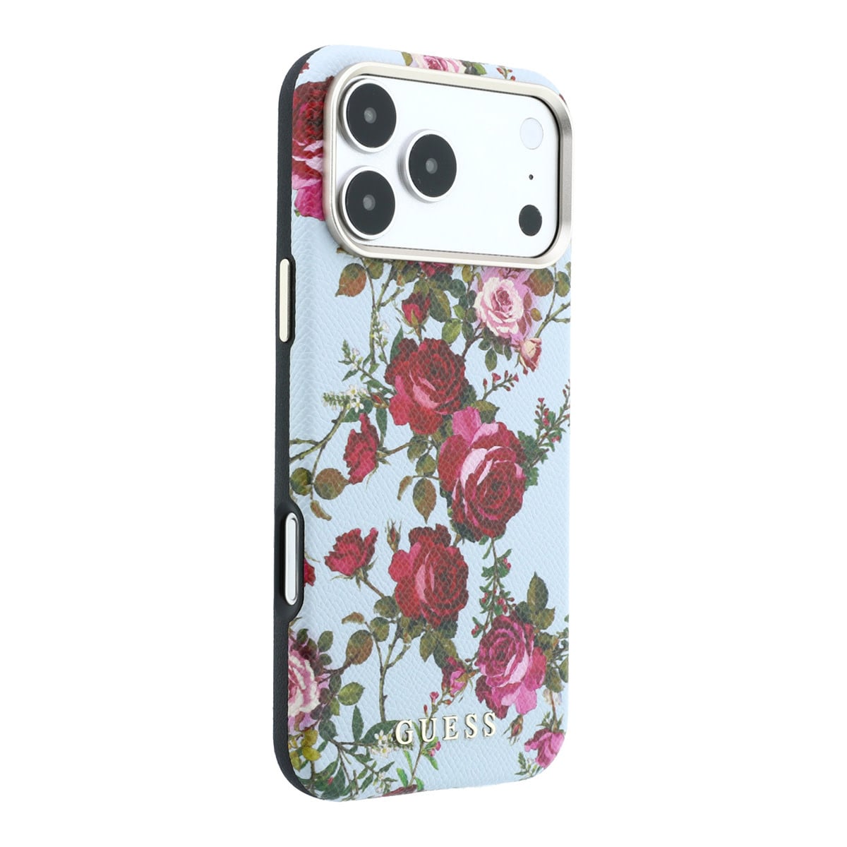 GUESS iPhone 18 Pro Case hard shell - MagSafe - SW - PU - Blossom Roses print Lichtblauw - detail 2