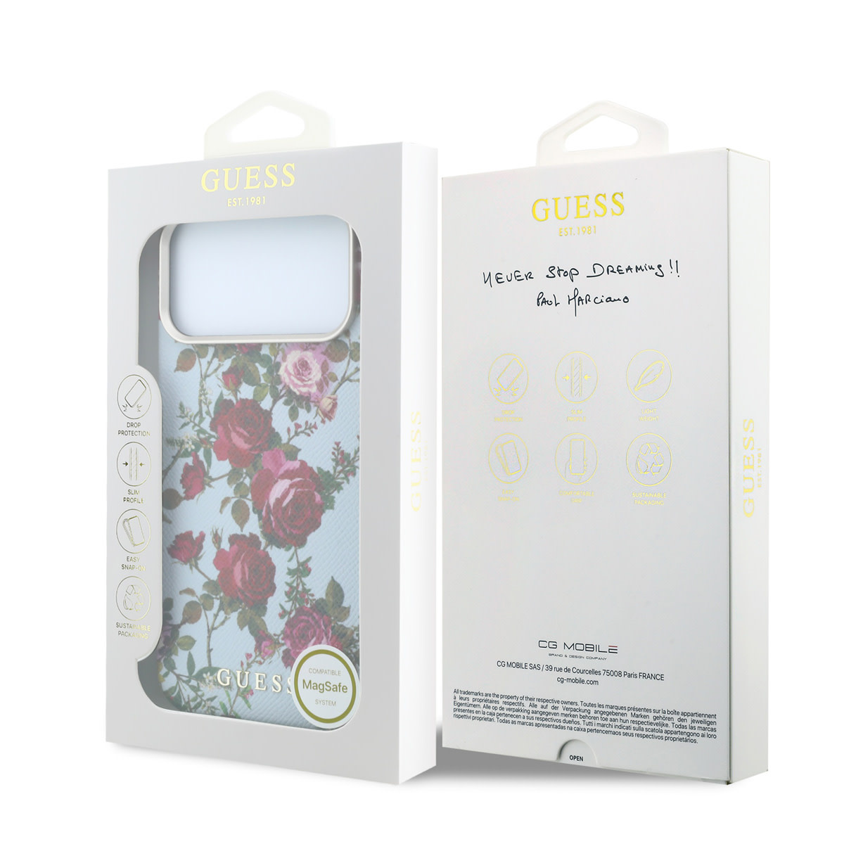 GUESS iPhone 18 Pro Case hard shell - MagSafe - SW - PU - Blossom Roses print Lichtblauw - detail 6