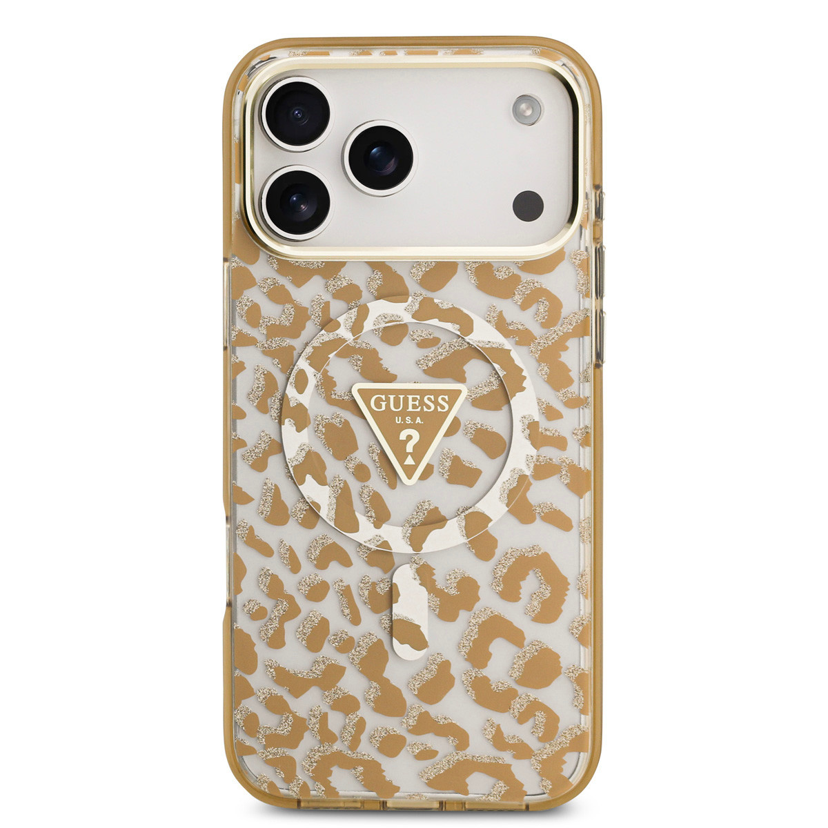 GUESS iPhone 18 Pro hoesje - HC Magsafe IML Leopard Glitter Triangle - Bruin - detail 2