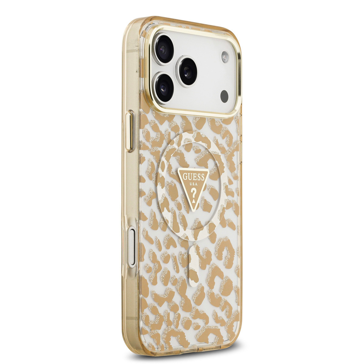 GUESS iPhone 18 Pro hoesje - HC Magsafe IML Leopard Glitter Triangle - Bruin - detail 3