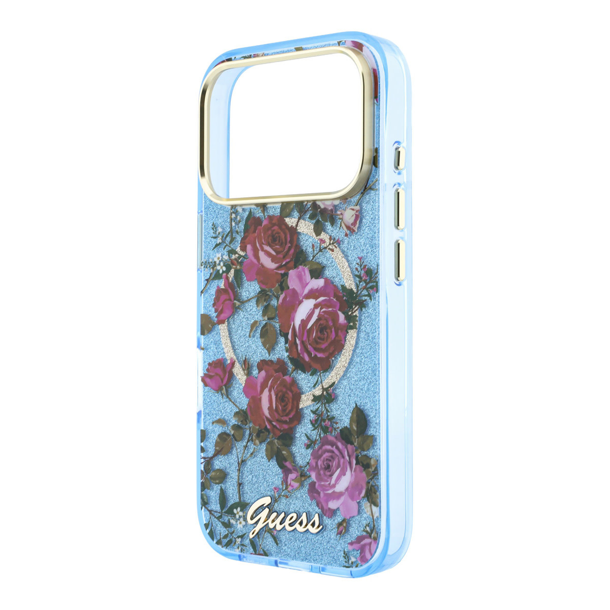 GUESS iPhone 18 Pro Max Case hard shell - MagSafe - IML - glitter - Blossom Roses Lichtblauw - detail 6
