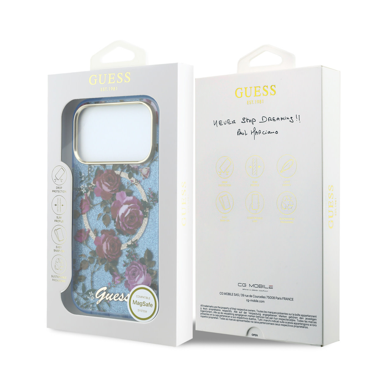 GUESS iPhone 18 Pro Max Case hard shell - MagSafe - IML - glitter - Blossom Roses Lichtblauw - detail 3