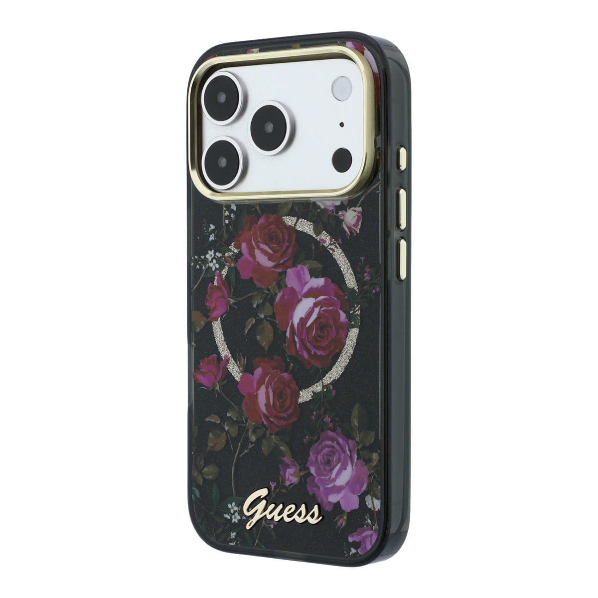 GUESS iPhone 18 Pro Max Case hard shell - MagSafe - IML - glitter - Blossom Roses Zwart - detail 3