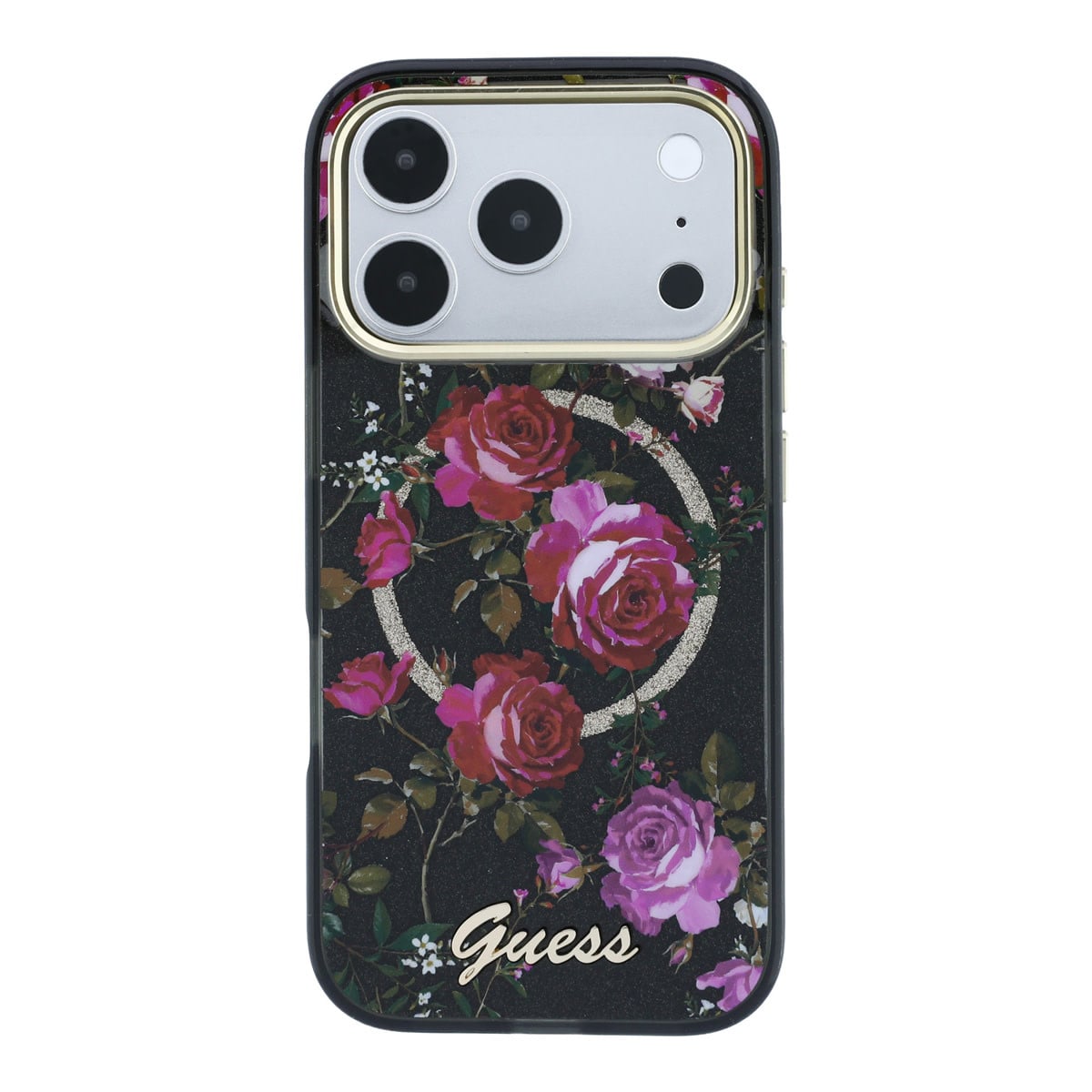 GUESS iPhone 18 Pro Max Case hard shell - MagSafe - IML - glitter - Blossom Roses Zwart - detail 2