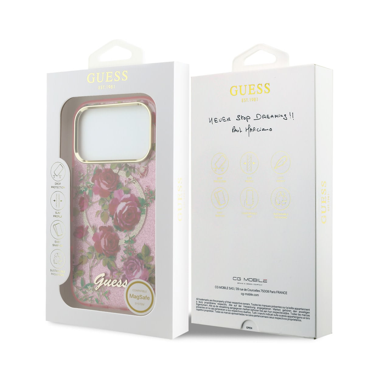 GUESS iPhone 18 Pro Max Case hard shell - MagSafe - IML - glitter - Blossom Roses Roze - detail 5