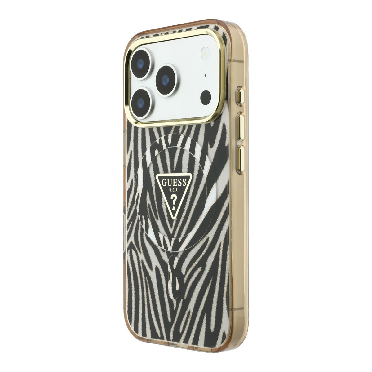 GUESS iPhone 18 Pro Max hoesje - HC Magsafe IML Zebra Glitter Triangle Logo - Goud - detail 1