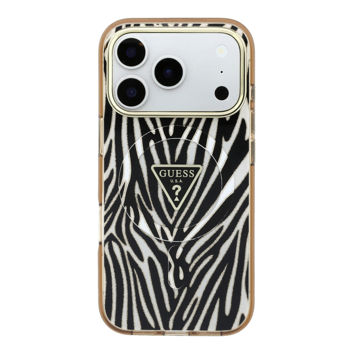 GUESS iPhone 18 Pro Max hoesje - HC Magsafe IML Zebra Glitter Triangle Logo - Goud - detail 2