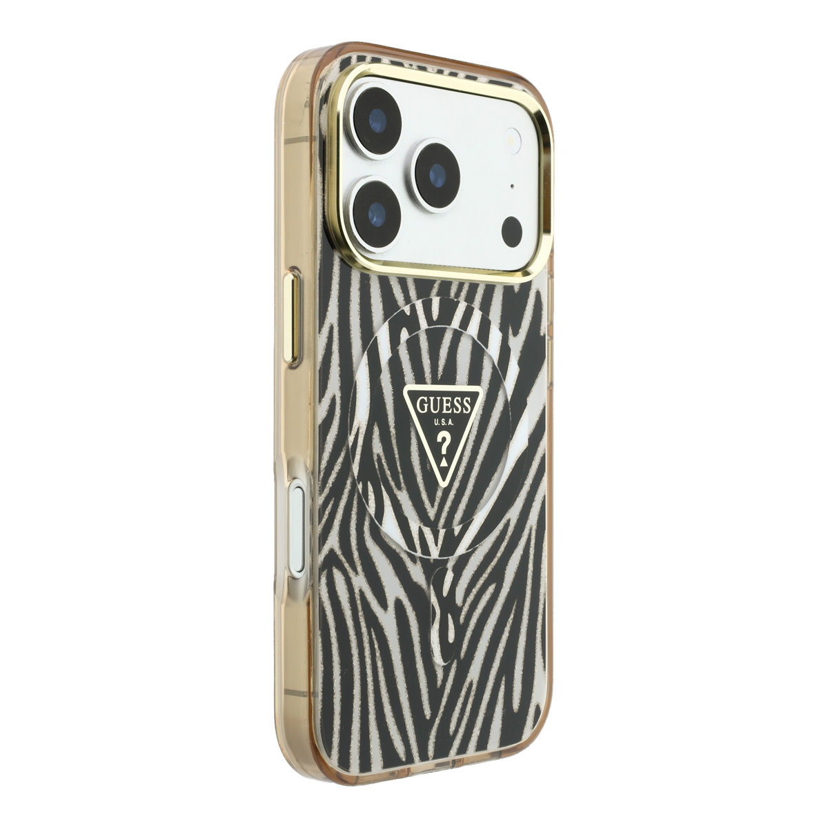 GUESS iPhone 18 Pro Max hoesje - HC Magsafe IML Zebra Glitter Triangle Logo - Goud - detail 3