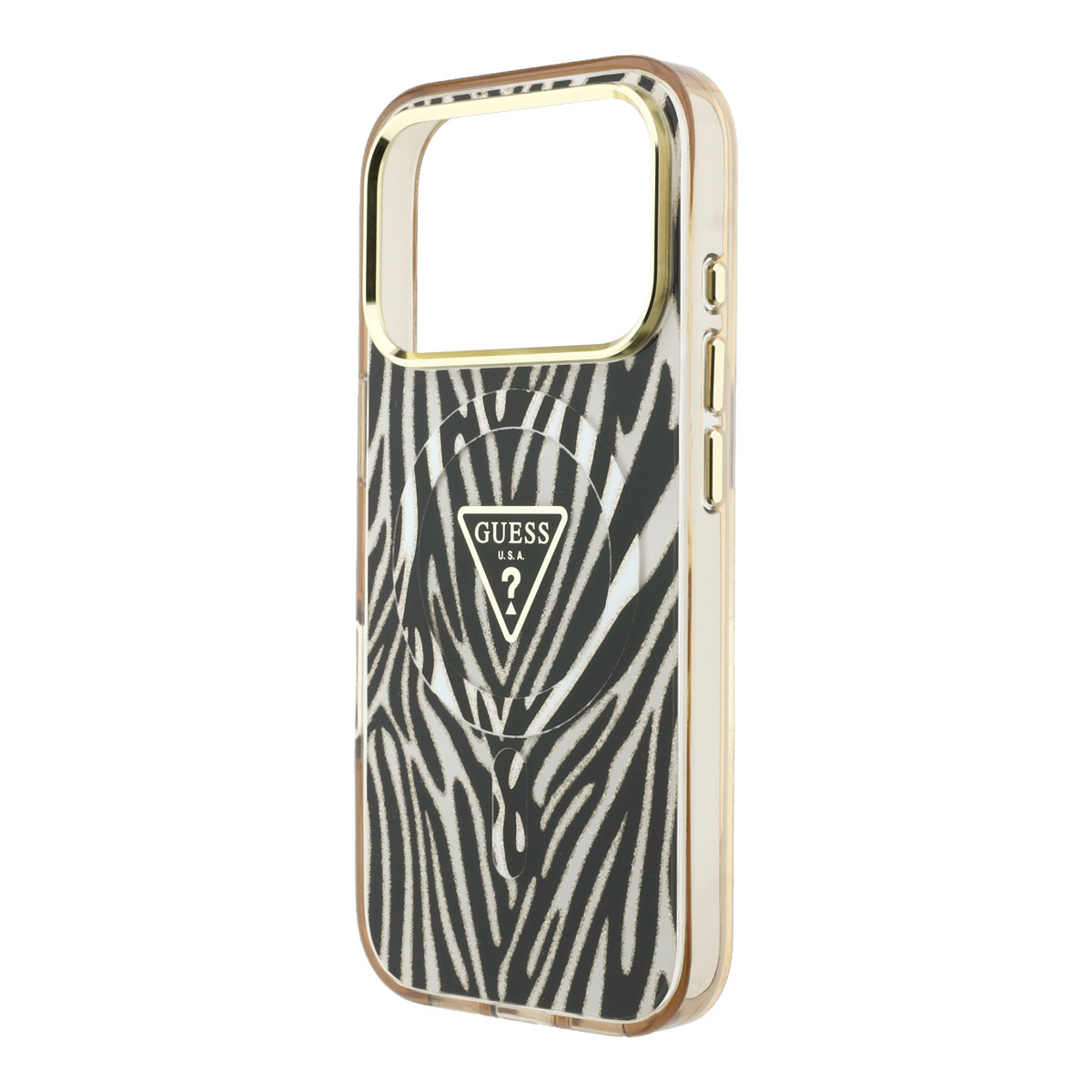 GUESS iPhone 18 Pro Max hoesje - HC Magsafe IML Zebra Glitter Triangle Logo - Goud - detail 5