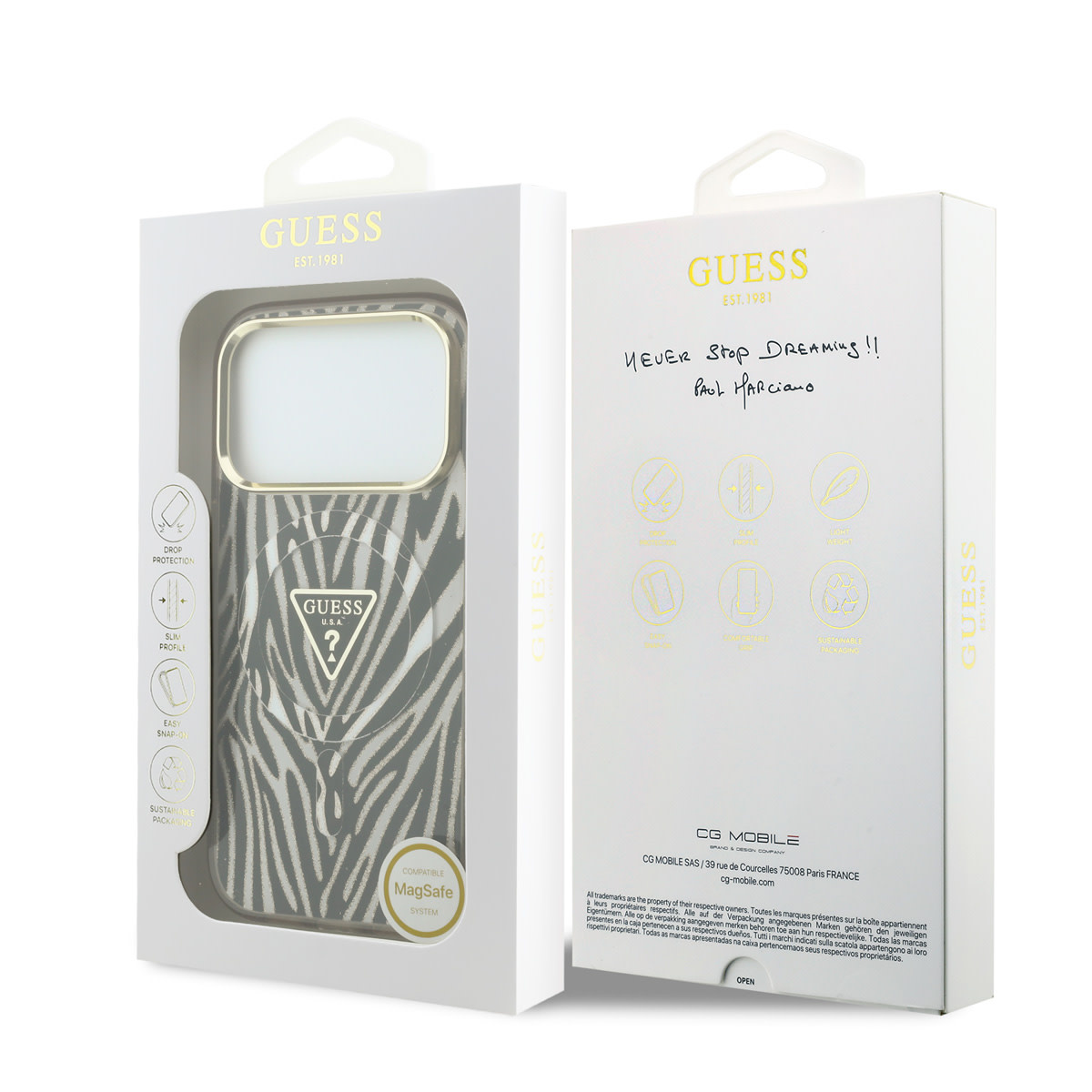 GUESS iPhone 18 Pro Max hoesje - HC Magsafe IML Zebra Glitter Triangle Logo - Goud - detail 7