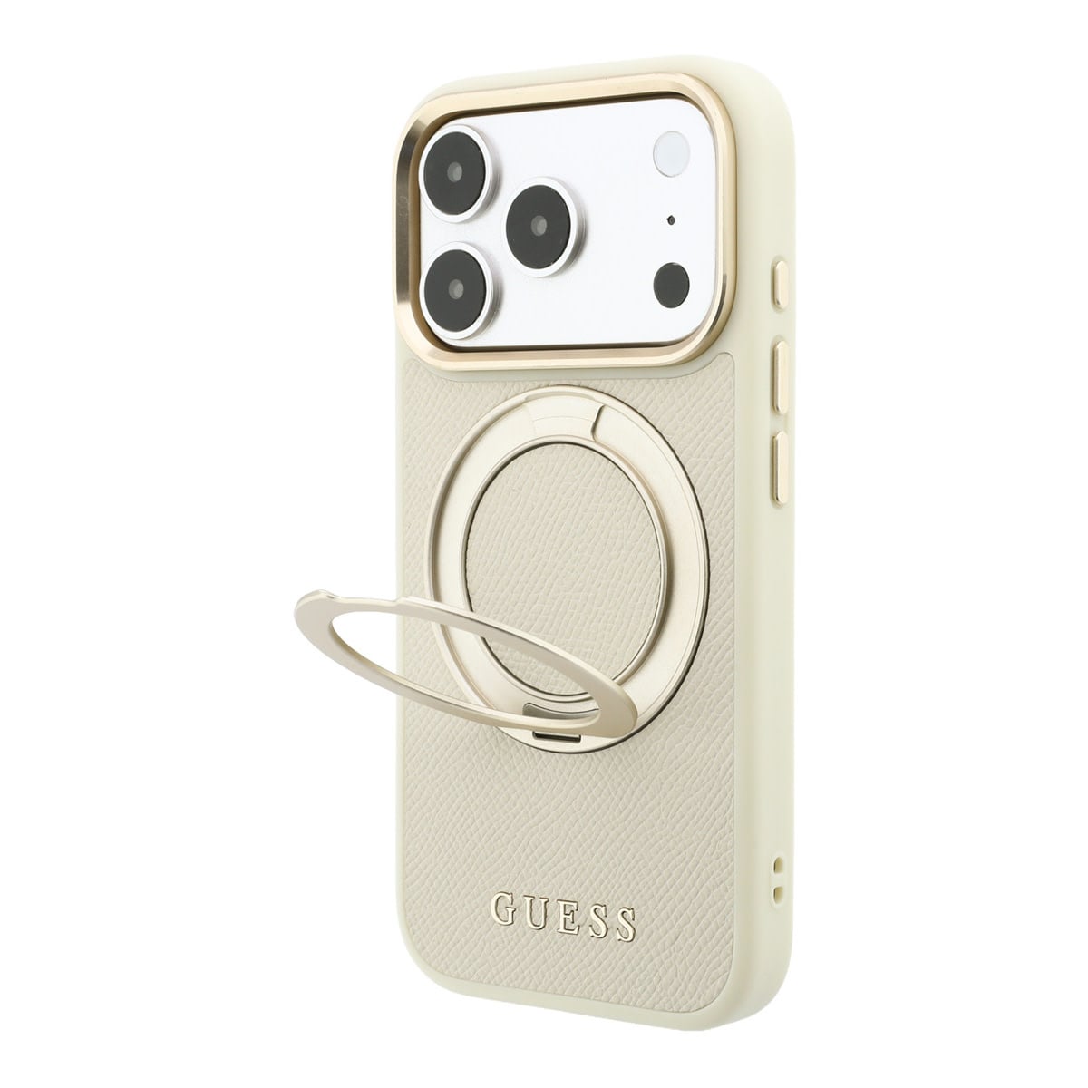 GUESS iPhone 18 Pro Max Case hard shell - MagSafe - 360-degree ring stand - grained PU - classic logo Beige - detail 4